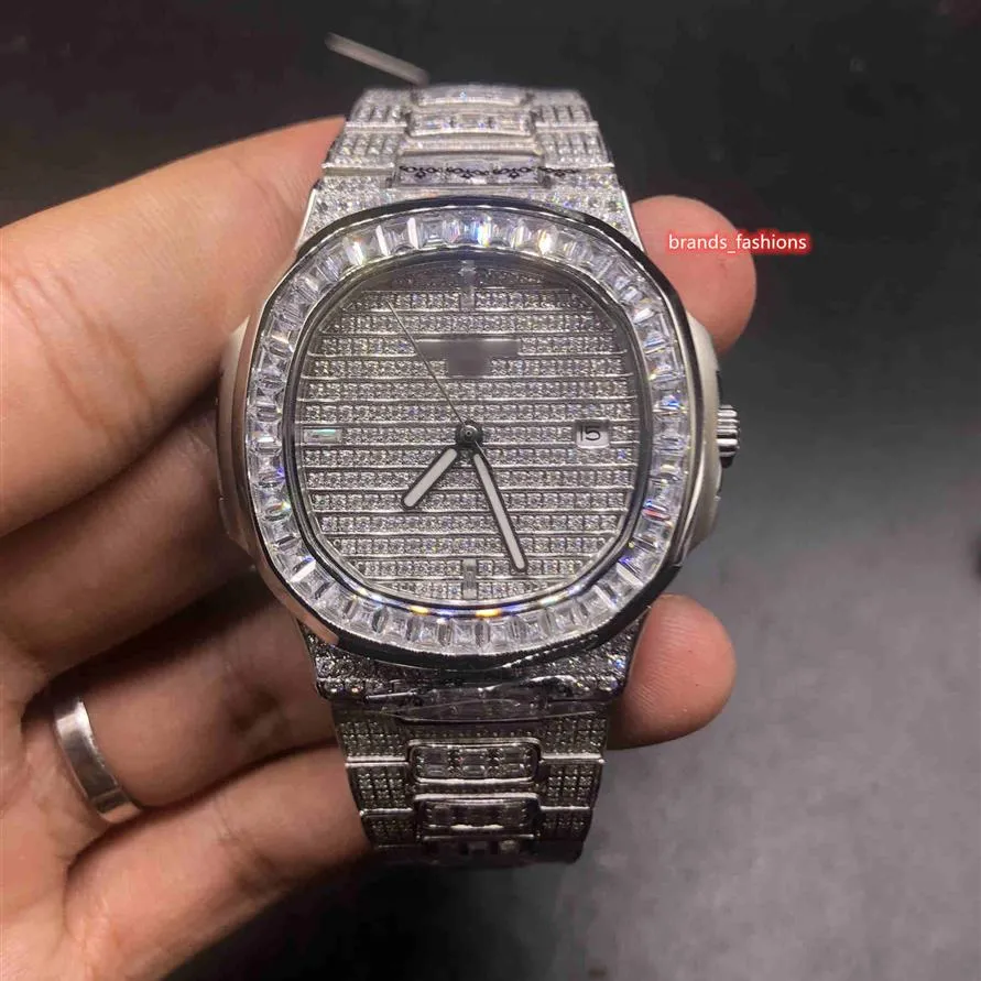 Montre-bracelet en diamant glacé pour hommes, boîtier en acier inoxydable argenté, montre de mode étrange, bracelet en diamant automatique Mechanica302G