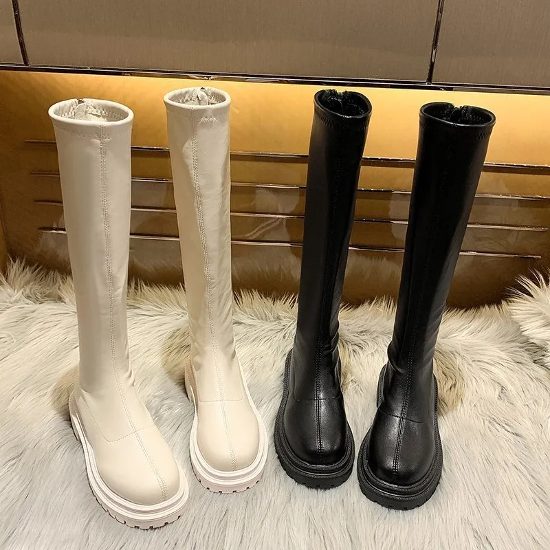 Stiefel Frauen Oberschenkel Hohe Stiefel Frauen Casual Plüsch Knie Stiefel Marke Designer Zip Damen Leder Lange Stiefel Weiß Mujer Schuhe 2023 230914