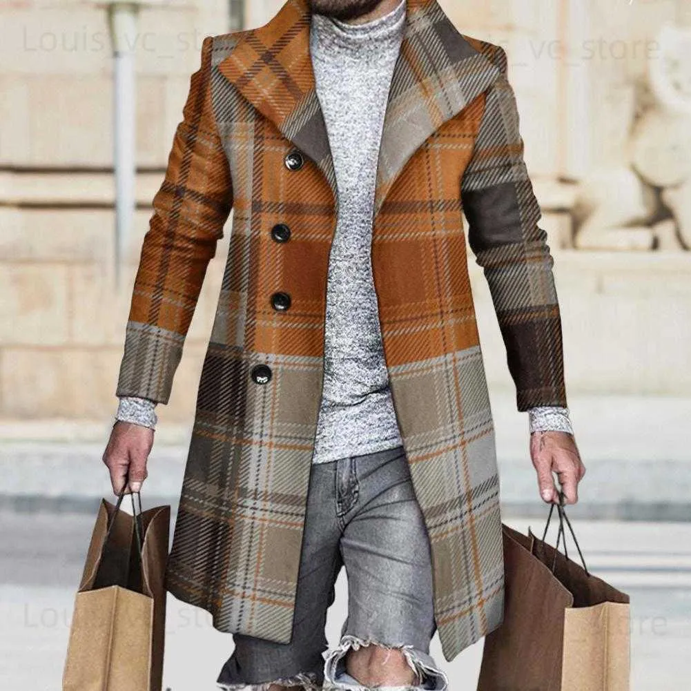 Mens Trench Coats Autumn Winter Mens Single Breasted Woolen Overcoat Plaid Print Male Long Thicken Windbreaker Fashion Causal Coat Outerwear Men T230915