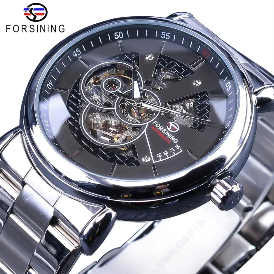 ForSining Steampunk Black Silver Mechanical Watches For Men Silver Rostfritt stål Lysande Händer Design Sport Clock Male221R