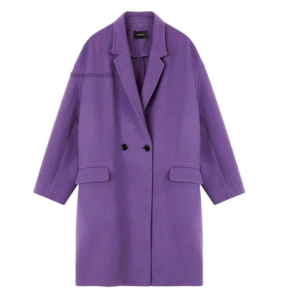 23AW Isabel Marant Women Desginer Wool -blend Long Coat Temperament Suit Collar Straight Coats Cardigan Woolen Long Sleeve Outwear