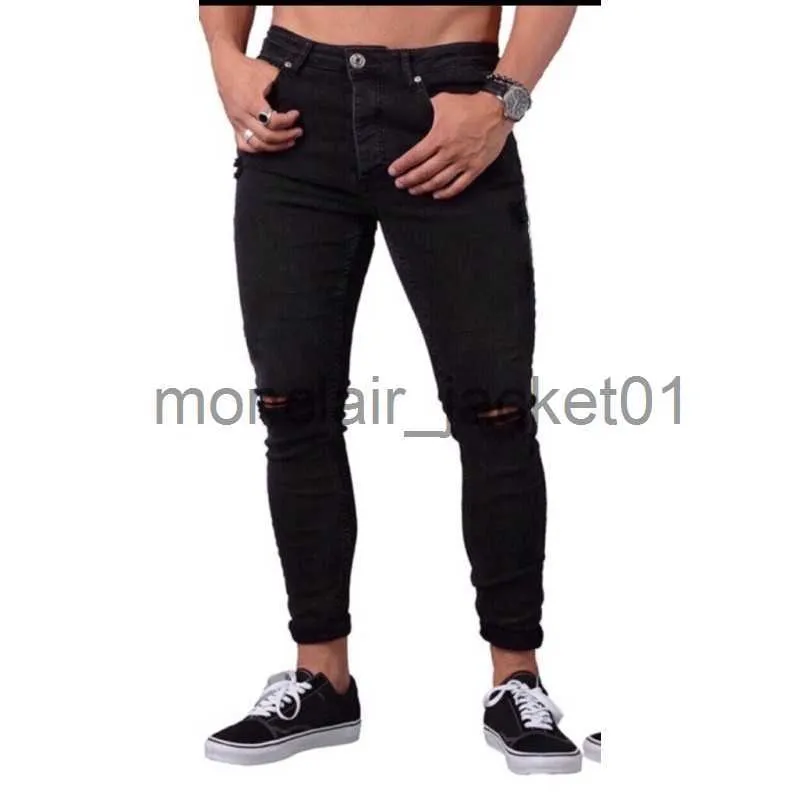 Jeans pour hommes Jeans de style de rue jeans déchirés pour hommes tous les jeans noirs jeans skinny en denim prêt stock Instock pantalon slim fit uni noir J230915