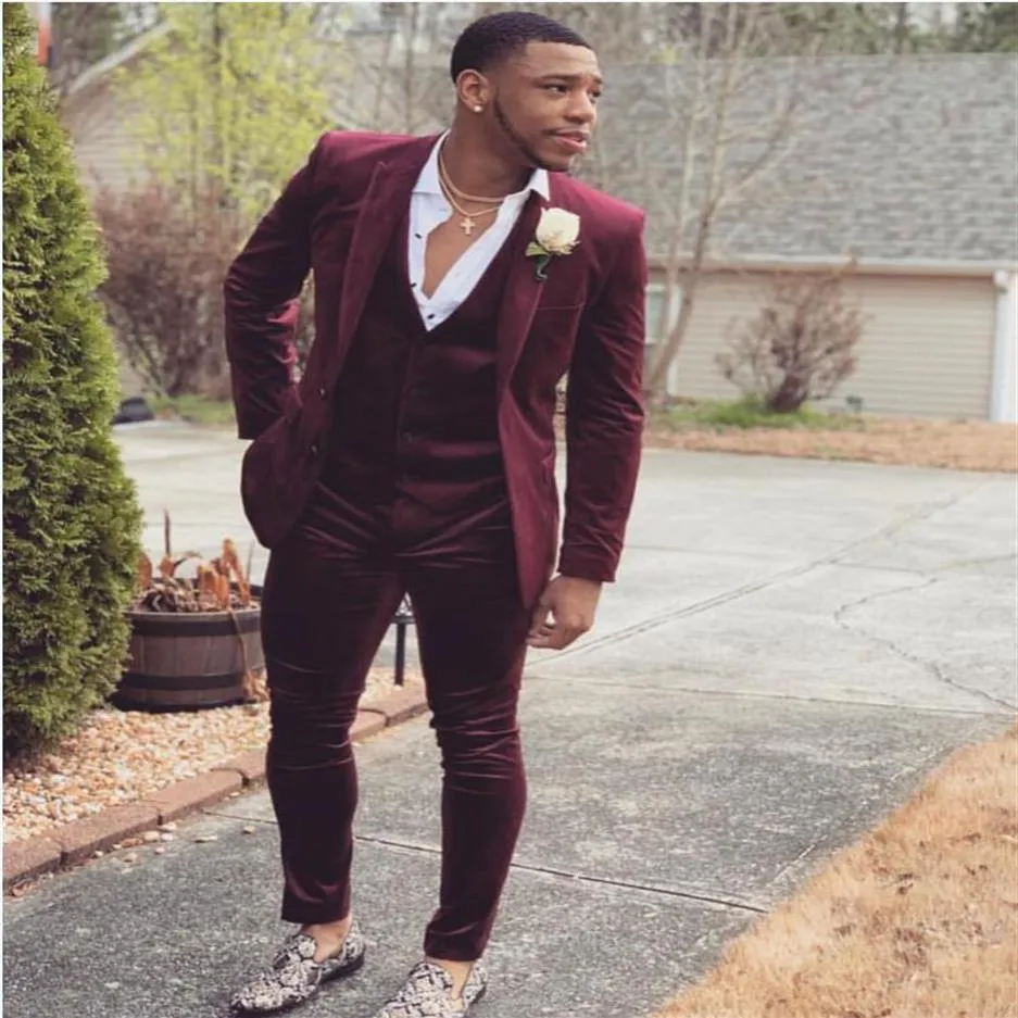 Burgundy Wedding Tuxedos 2019 اثنين من الفتر ذروتها من طية صدر السترة العريس بدلة العريس بدلة حفل زفاف حزب العمل سترة سترة سروال CU2429