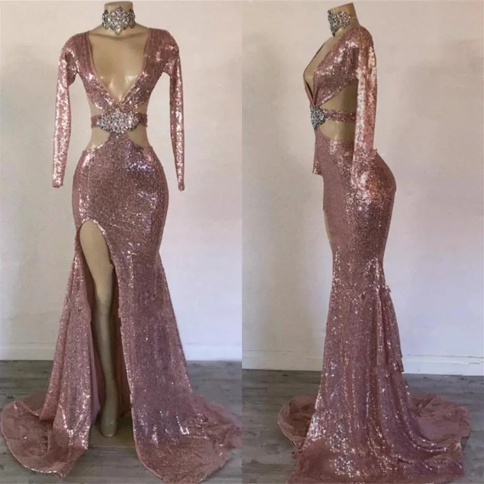 Sexy Rose Gold Meerjungfrau Prom Kleider Tiefem V-ausschnitt Pailletten Kristall High Side Split Party Tragen Formelle Abendkleider Vestidos213s