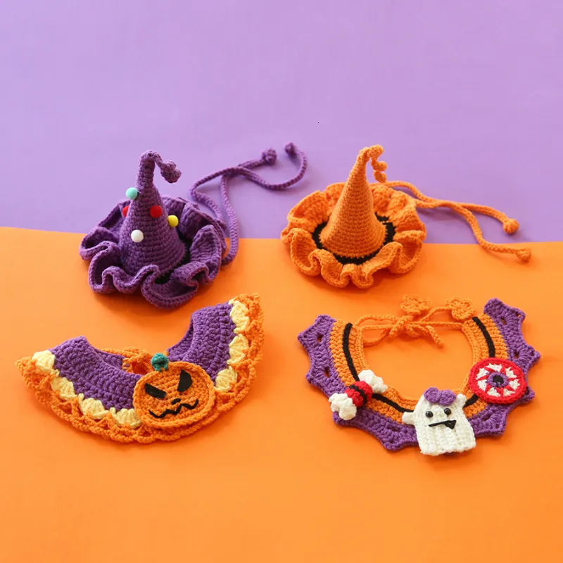 Colliers de chien Laisses Collier d'Halloween Bavoir pour animaux de compagnie Chapeau de chat tricoté à la main Crochet Accessoires de costume de citrouille 230915