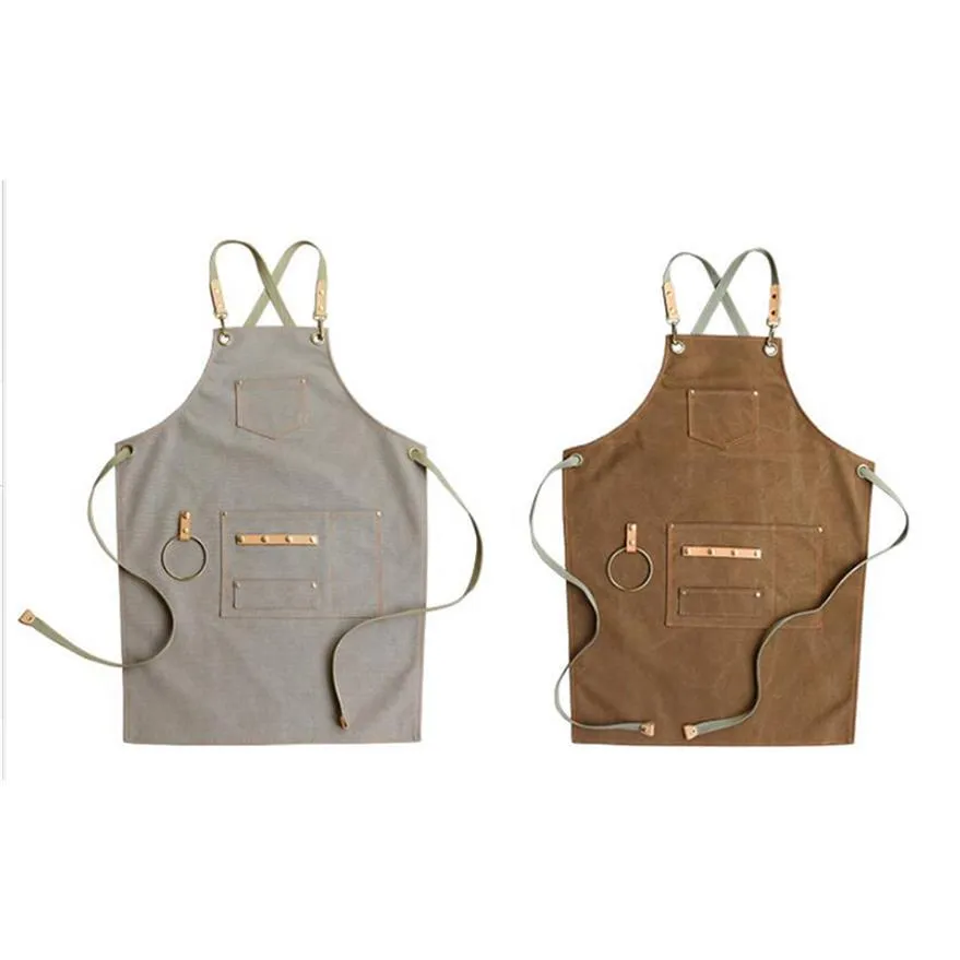 BBQ Canvas Apron Bib Leather Chef Kitchen For Women Men Barista Bartender Pockets Home Barber Cook Coffee Restaurant LJ200815283w