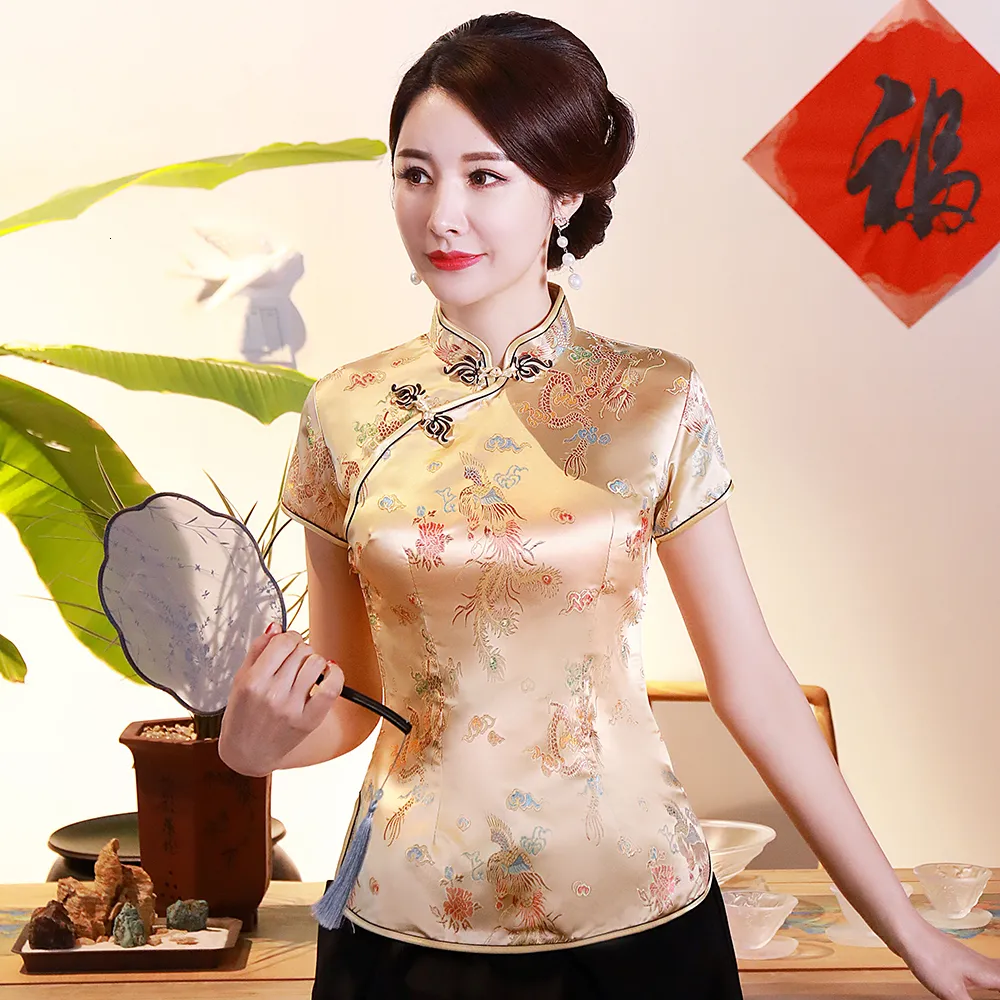 Blouses Femmes Chemises Oversize 3XL 4XL Femmes Satin Chemise D'été Vintage Style Chinois Blouse Dragon Femme Vêtements De Mariage Traditionnel Classique Tops 230915