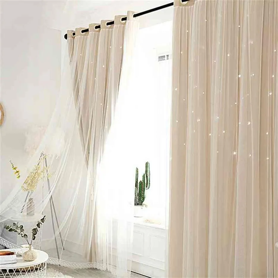 Curtain window screen Modern Hollow Star Faux Linen Blackout Curtains for Bedroom Curtains Living Room luxury european 210913203j