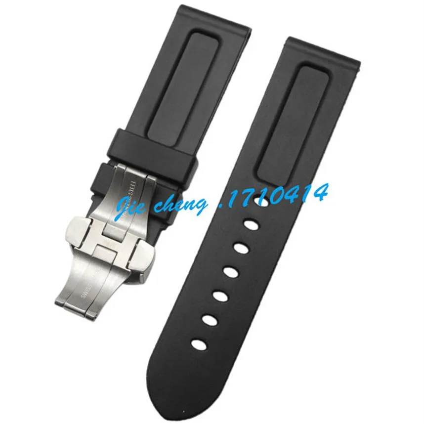 Jawoder Watchband 24mm Men Watch Bands Black Diving Silicone Rubber Strap rostfritt stål Implettering Buckle Clasp för Panerai Lumi273o