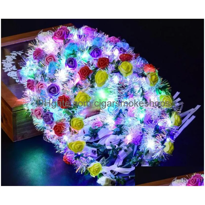 Dekorative Blumenkränze Flowerlume LED-Girlanden-Stirnband – Seide, Goldfarben, Lichterband, Rattan-Kranz für S, Festivals, Partys, Drop Dhd3V