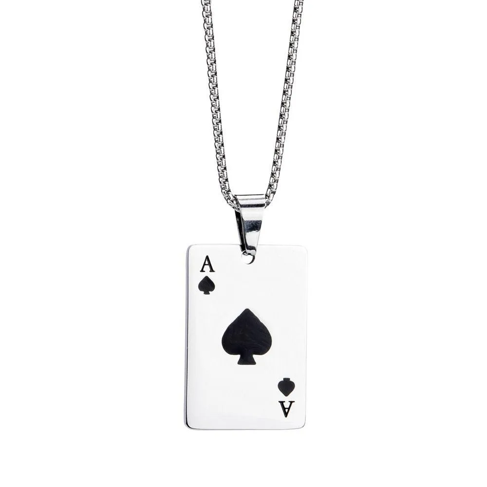 Collares colgantes Acero inoxidable Hip Hop Sier Mens Naipes Poker Collar Spades Ahearts A en juegos Charm Joyería de moda Inclu Dhmen