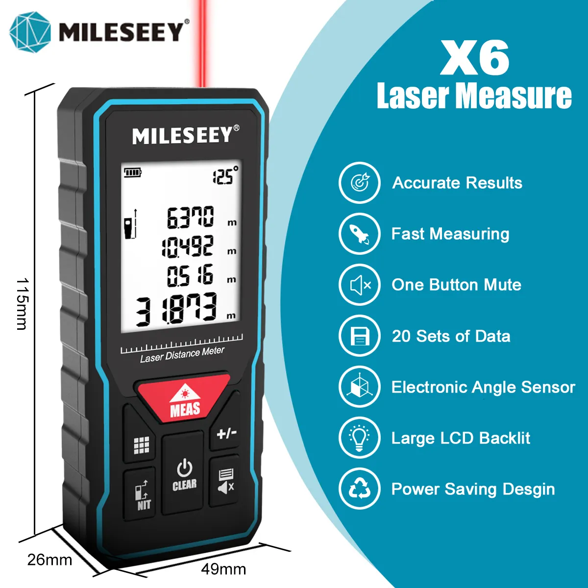 テープメジャーMileseey x6レーザーテープメジャー40m 60m 60m 80m 100mプロフェッショナルレンジファインダーDIY装飾用の角度ディスプレイ230914