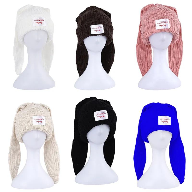 Berretti con teschio Skullies Beanie Cappello con orecchie lunghe Cappello lavorato a maglia all'uncinetto Cappello con coniglietto carino Orecchie di coniglio Cappelli per le donne Cappelli caldi invernali Cappellini caldi 230914