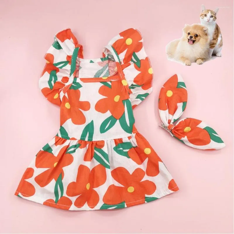 Vêtements de chien Princesse Style Robes Pet Floral Jupe Coton Jarretelle Tissu Doux Été Manches Volantes Courtes