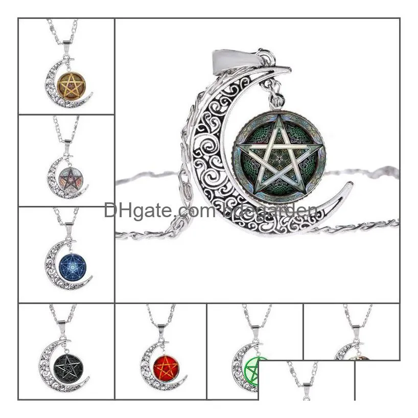 Pendant Necklaces New Five-Pointed Star Hollow Moon Cabochons Glass Moonstone Pentagram Necklace For Women Men Witchcraft Jewelry Drop Dhemy