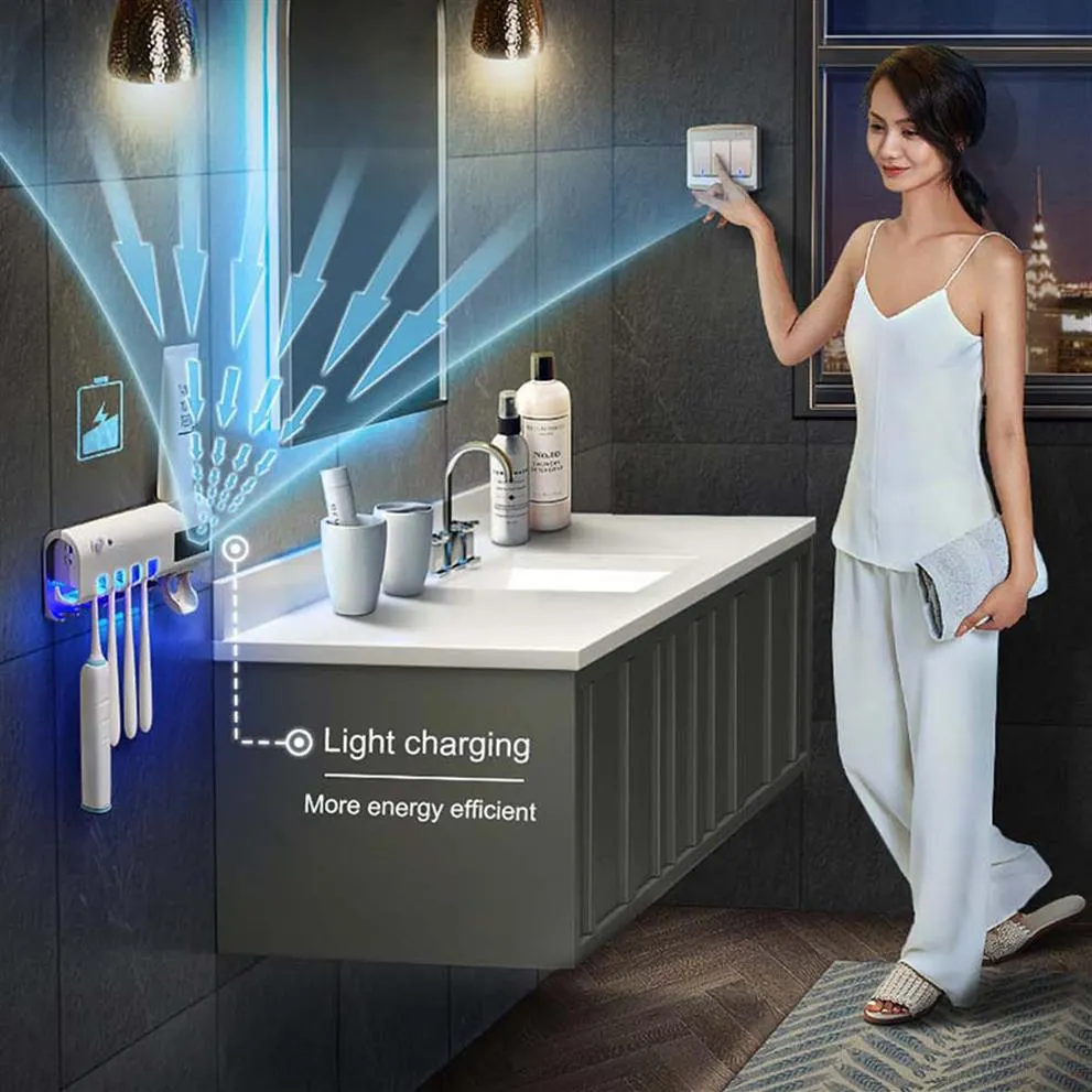 GESEW UV Sterilizer Tandborstehållare Solenergi Automatisk tandkräm Squeezers Dispenser väggmonterade badrumstillbehör T2002383