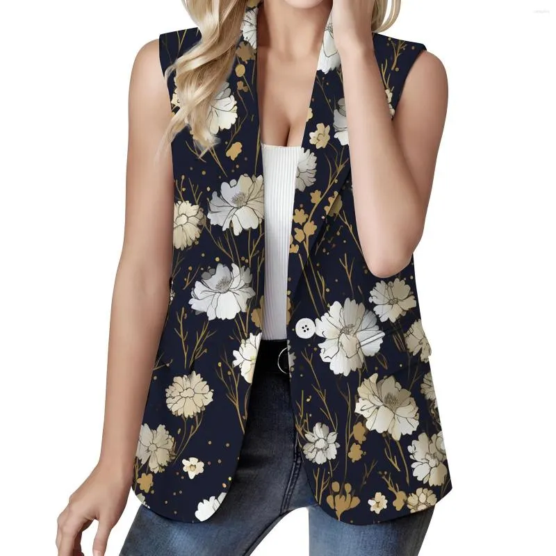 Coletes femininas elegantes florais impressos blazers terno jaquetas com bolso sem mangas único botão casual colete jaqueta outerwear l5