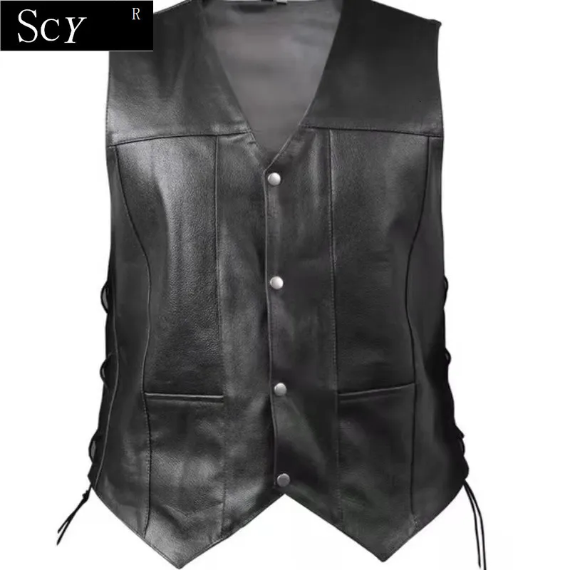 Men's Vests Men Side Lace Denim Style Biker Motorcycle Leather Vest Gun Pockets 230915