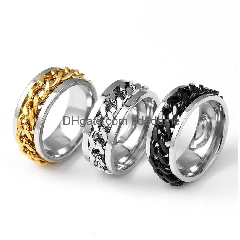 Band Rings 8Mm Cool Black Spinner Chain Ring For Men Stainless Steel Rotatable Links Punk Male Finger Women Fashion Jewelry In Bk Drop Dhtux