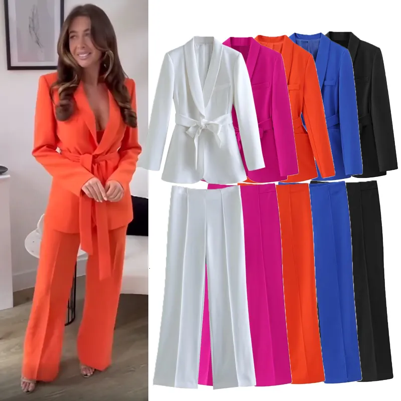 Calças de duas peças femininas traf conjunto 2023 primavera moda magro cinto feminino terno chique cintura alta perna larga blazers conjuntos festa feriado 2 peça 230915