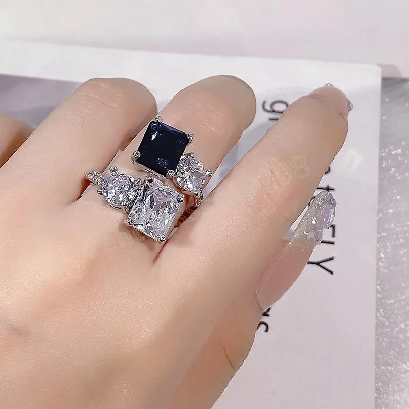 Роскошное кольцо из серебра 925 пробы с высокоуглеродистым бриллиантом, ледяной цветок, предложение, кольцо, женский квадратный темно-синий циркон, вечерние ювелирные изделия на день рождения, подарок