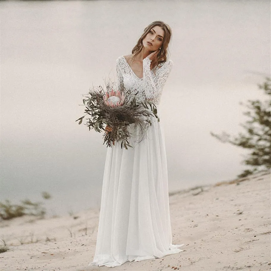 Neues Strandhochzeitskleid mit langen Ärmeln, Boho-V-Ausschnitt, offener Rücken, Brautkleider 2019, Chiffon-Hochzeitskleid mit Spitze novias263x