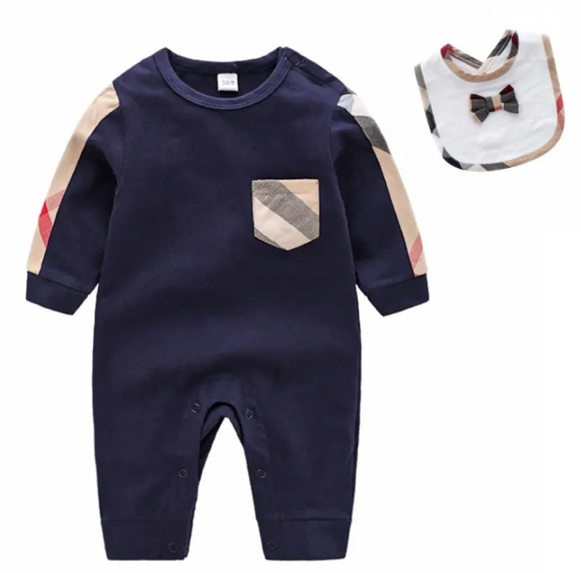 100%bomull Nyfödda barn Rompers Baby Boys Girls Fashion Designer Tryck långärmad Jumpsuit Hat 2 -stycken Set med låda
