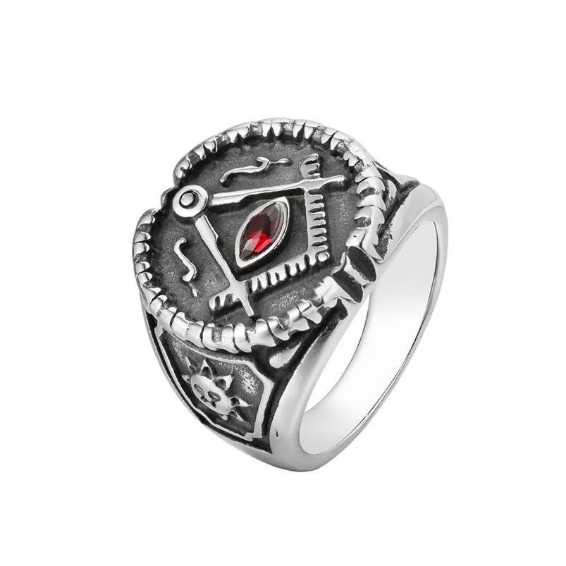 Cluster Rings New Arrival Men Retro Black Masonic Mason Signet Stainless Steel Antique Punk Fraternal Red Ruby Ring Jewelry With Sun A Dhmu7