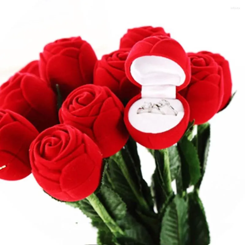 Decorative Flowers 1pc Romantic Wedding Ring Holder Velvet Box With Pedicel Red Rose Earrings Display Jewelry Packaging