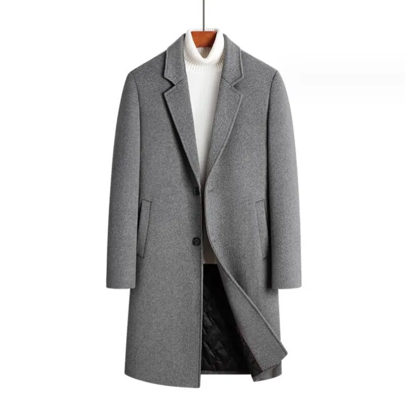 Novo casaco de mistura de lã de comprimento médio masculino cor sólida solto casual à prova de vento casaco de lã de luxo com decote em v bolsos laterais casaco masculino