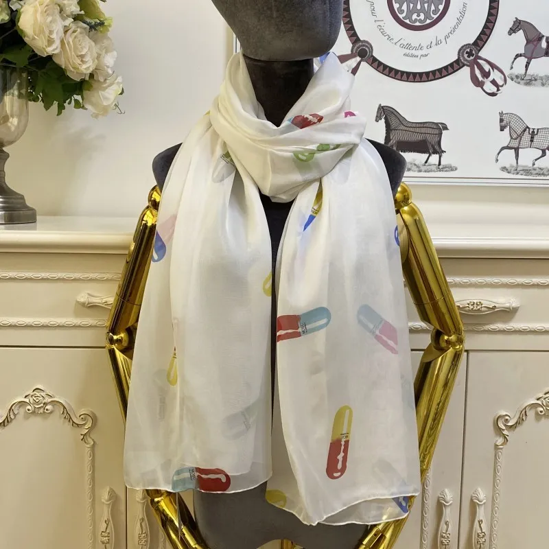 Écharpe longue pour femmes, châle 100% soie, motif de lettres blanches, grande taille 190cm - 100cm