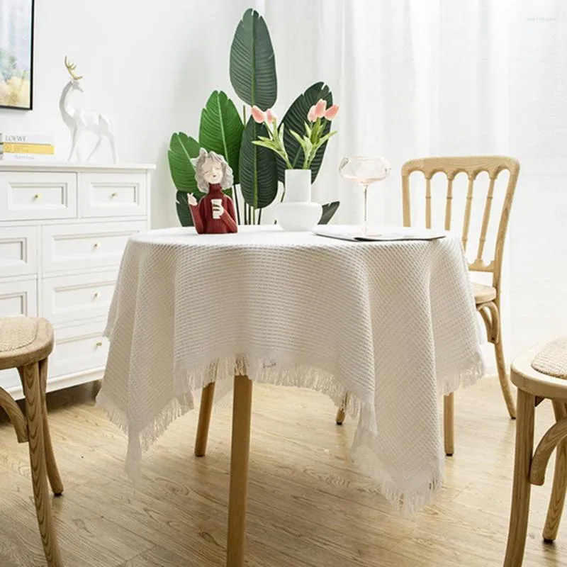 Nappe de Table avec pompon, blanc, pour fête d'anniversaire, café, coton, lin, lumière créative, décoration ronde de luxe