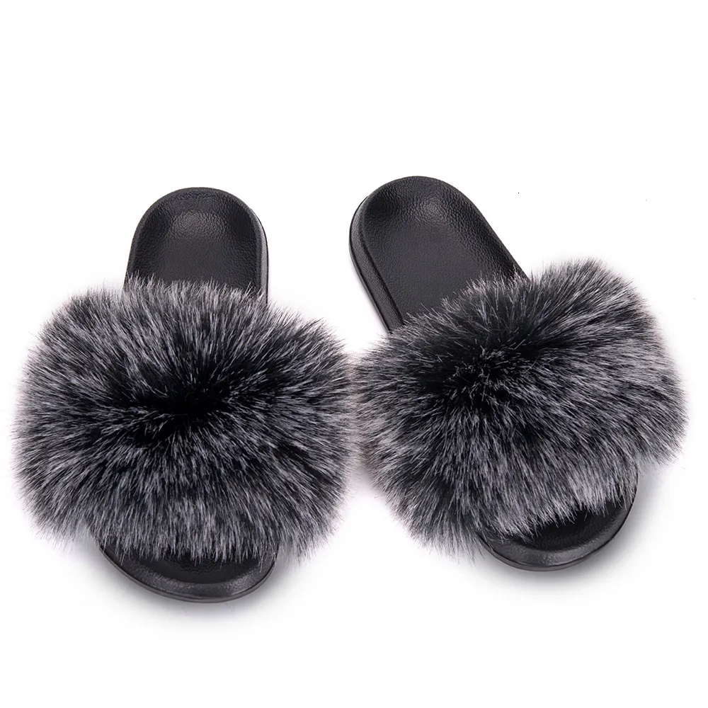 Slippers MPPM Faux Fur Slides Fluffy Sandals Girls Beach Home Plush Sliders Furry Flip Flops Women Shoes Woman 230915