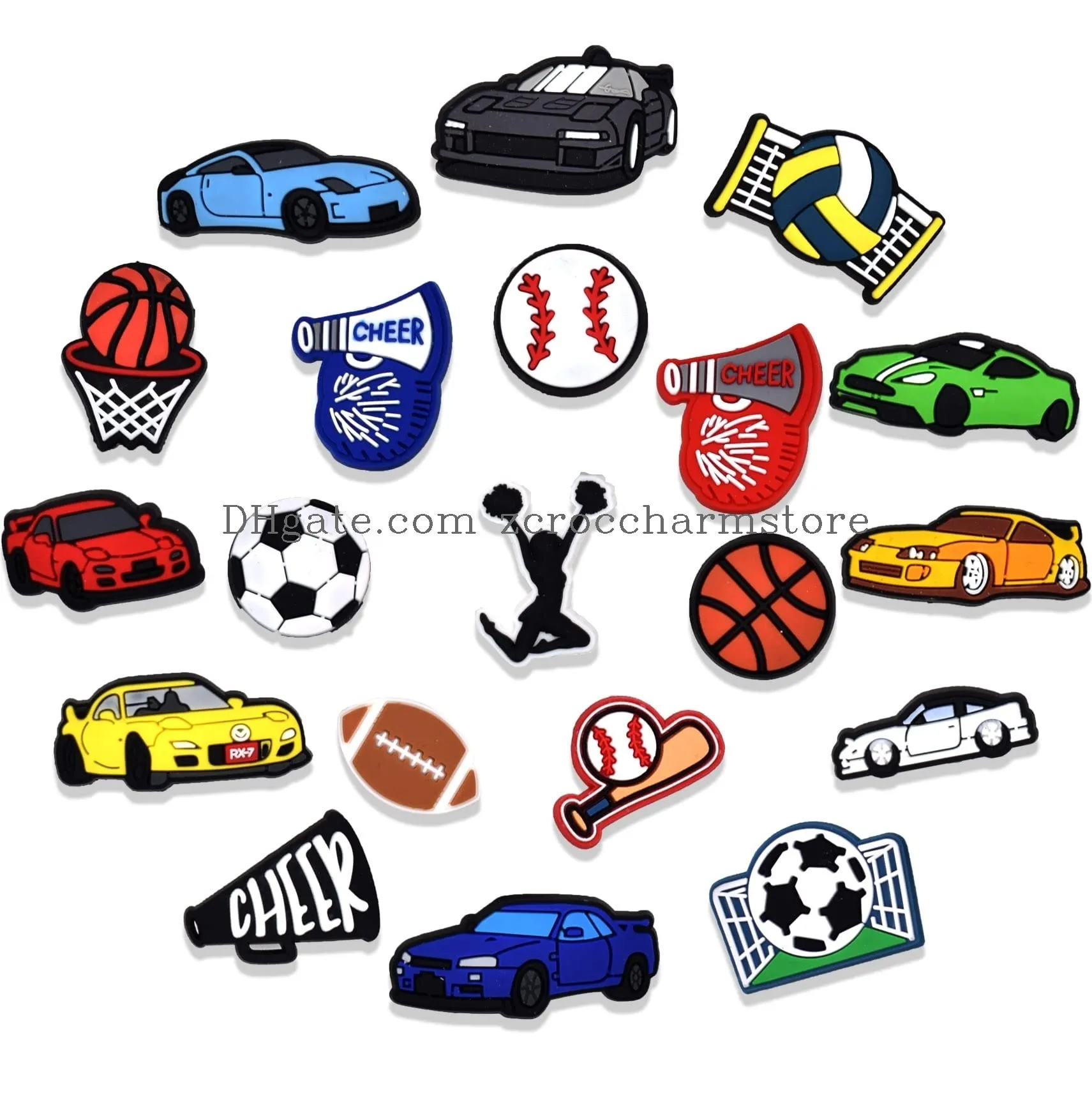 Shoe Parts Accessories Shinqear Cool Charms Pvc Sports Balls Race Car Cheerleading Mixed For Clog Sandals Decoration Shoes Teen Men Otpa8