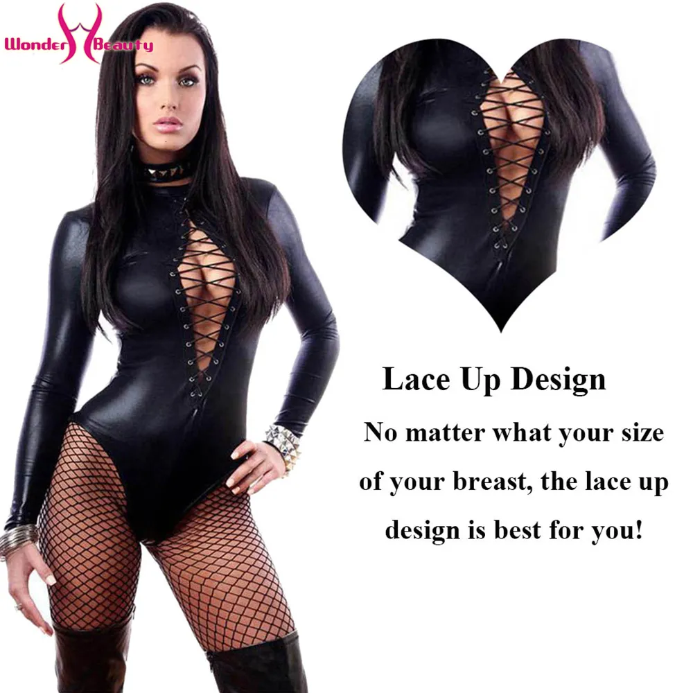 Women Leather Bodysuit Long Sleeve Lace-up Club Jumpsuit PU Romper Teddy Latex Catsuit Catwomen (4)