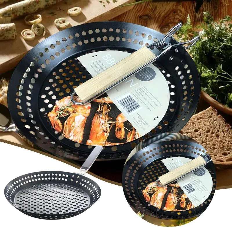 Tools Non Stick Metal Grilling Skillet With Folding Wooden Handle Grill Pan Holes Removable For Pizza Stone Brand