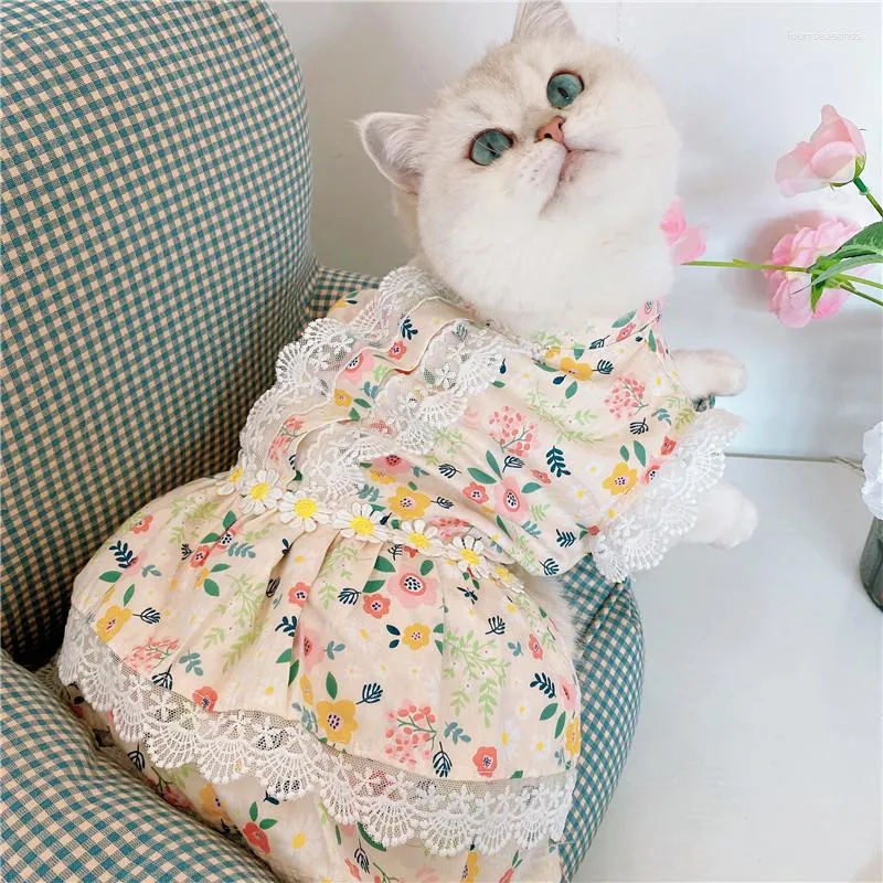 Hundkläder blommor tryck spetsklänning vår sommar husdjur outfit xs xl kläder för liten söt grossistbutik party kjol valp katt kostymer