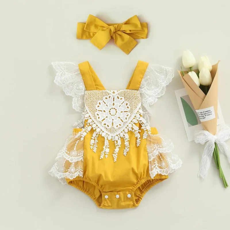 Pagliaccetti CitgeeSummer Born Baby Girl Body Abiti senza maniche Patchwork in pizzo Stile dolce Tuta gialla Set di fasce con fiocco