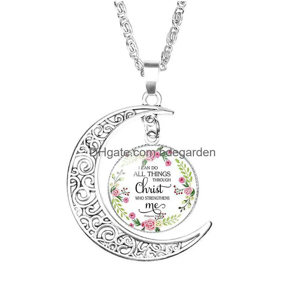 Pendant Necklaces Christian Bible Moon For Women Christians Scripture Glass Time Gem Cabochon Chains Fashion Jewelry In Drop Delivery Dhfmc