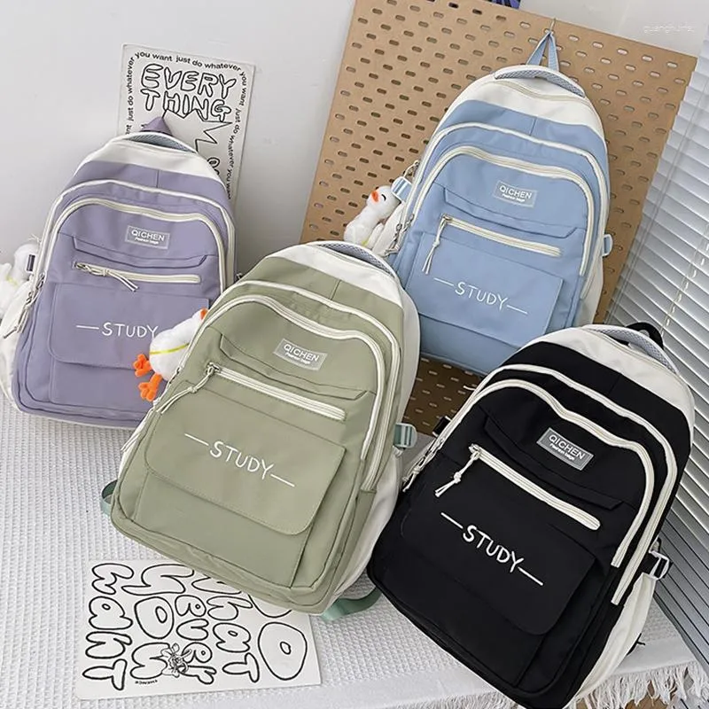 Schultaschen, Tasche für Studenten, lässig, große Kapazität, Rucksack, modischer Nylon-Rucksack, einfarbig, mehrere Taschen, Reißverschluss, College-Buch