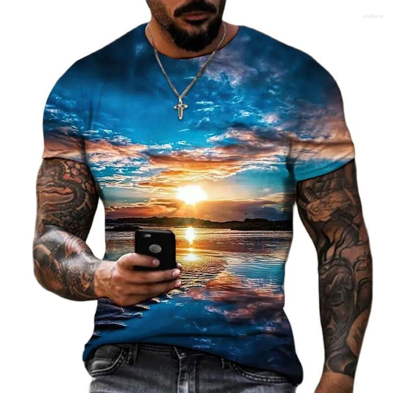 Herr t-skjortor Summer T-shirt 3D Landscape Printing Short Sleeve Top Fashion Casual Plus Size Clothing