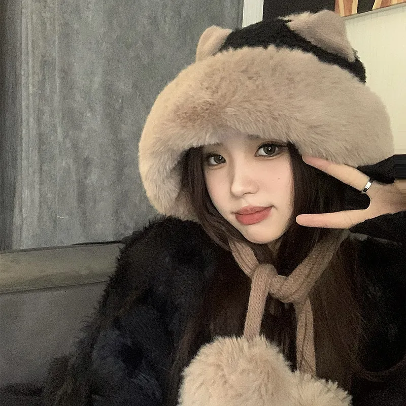 Beanie/Skull Caps Y2K Winter Lovely Cat Ears Beanie Warm Handmade Thick Knit Hats for Women Cold Proof Bomber Plush Fluffy Gorros Invierno 230915