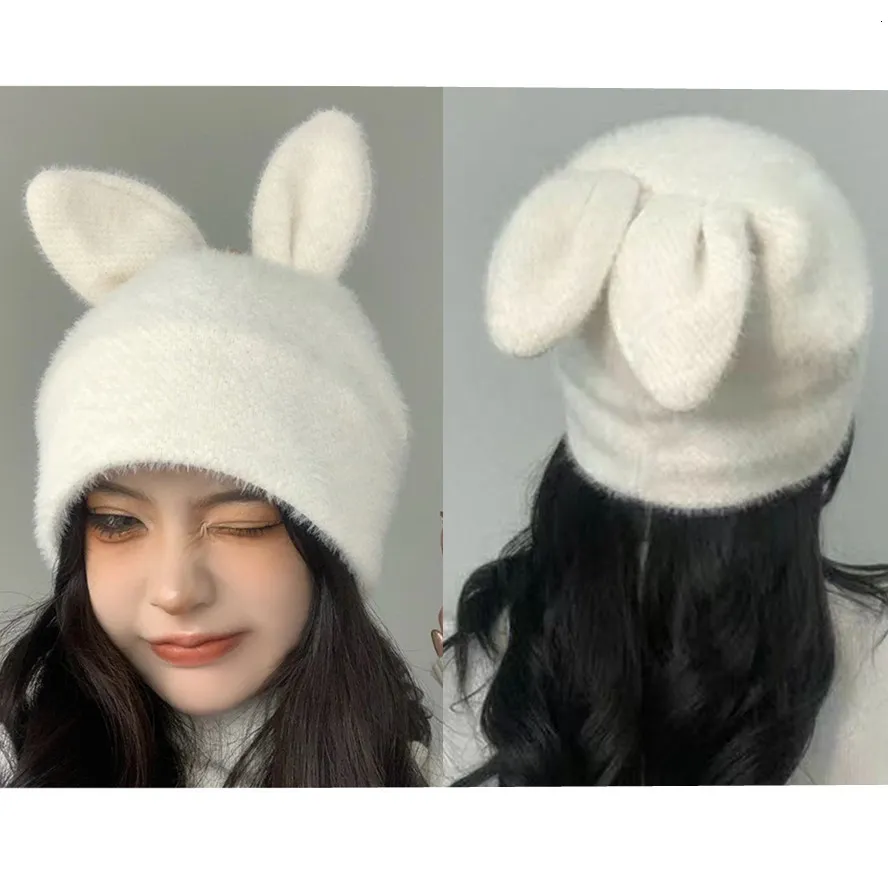 Beanie / Skull Caps Bonito Orelhas de Coelho Chapéus de Malha para Mulheres Outono Inverno Quente Macio Coelho Fur Beanie Cap Meninas Cor Sólida Elastic Skullies Ski Hat 230914