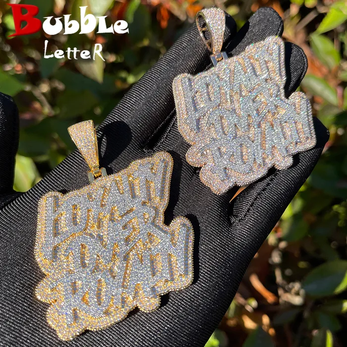 Hanger Kettingen Bubble Letter Iced Out Bling CZ Loyalty Over Royalty Hanger Ketting Zirconia Two Tone Kleur Charm Mannen HipHop Sieraden 230915