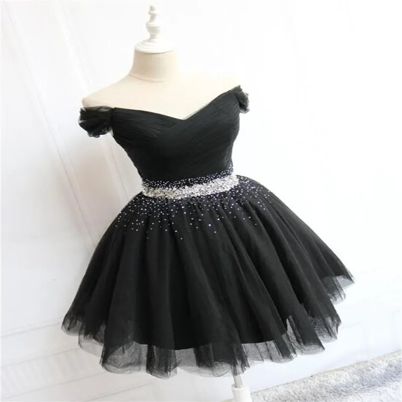 Vestido preto fofo de baile com ombros de fora frisados e linha de tule vestido de noite curto com renda elegante feminino jantar baile de formatura vestidos de noche para eventos 2023