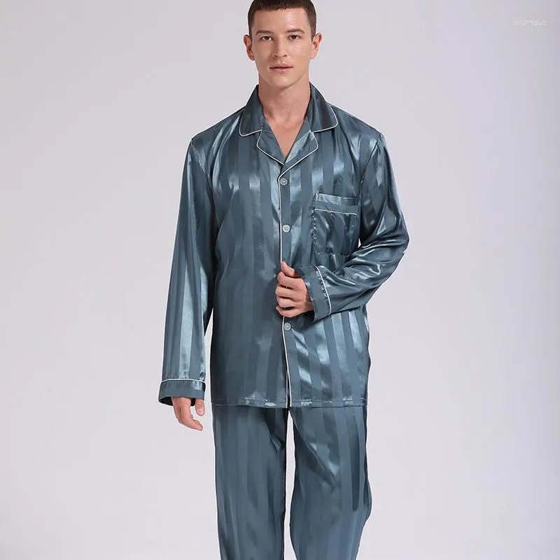 Men's Sleepwear Men Homewear Long Sleeve Shirt&pants 2Pcs Pajamas Male Satin Nightwear Loungewear Green Stripe Pyjamas Home Clothes