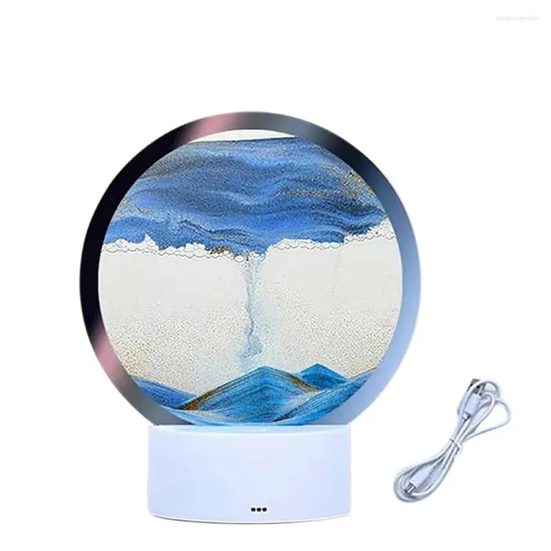 Veilleuses LED RVB Lampe de paysage de sable en mouvement Lumière d'art de sable avec 7 couleurs Sablier Décoration d'affichage 3D Bleu