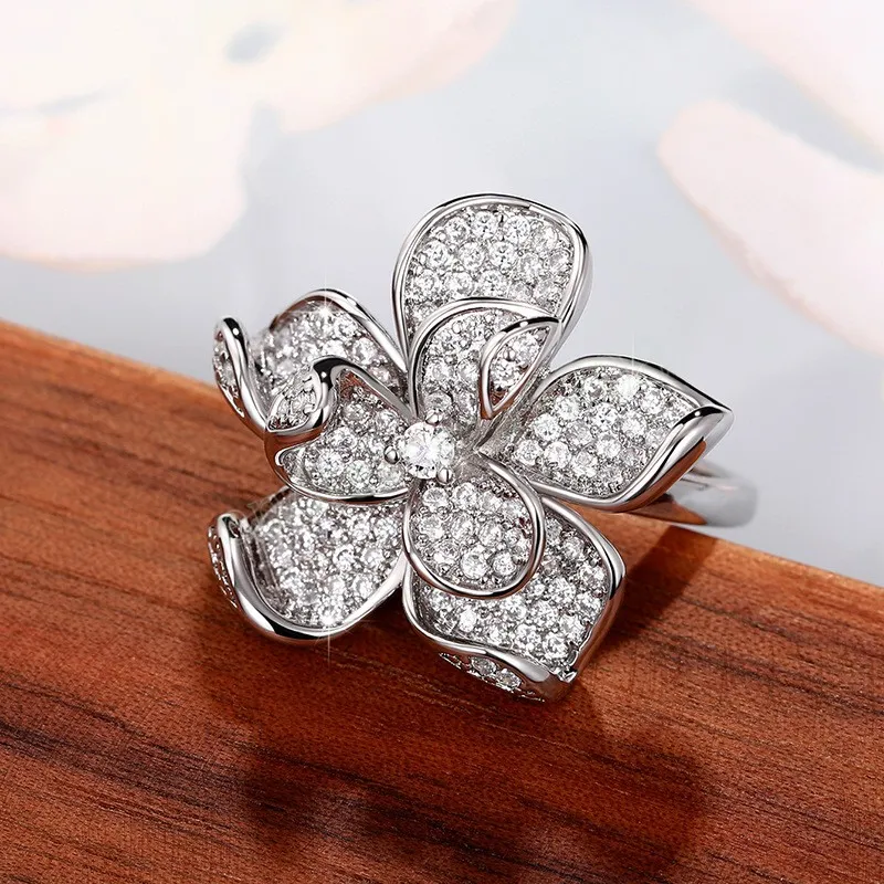 Luxury Full CZ Flower Ring for Women 925 Sterling Silver Wedding Bands Aesthetic Ring Party Daily Wear Elegant Accessory Jewelry