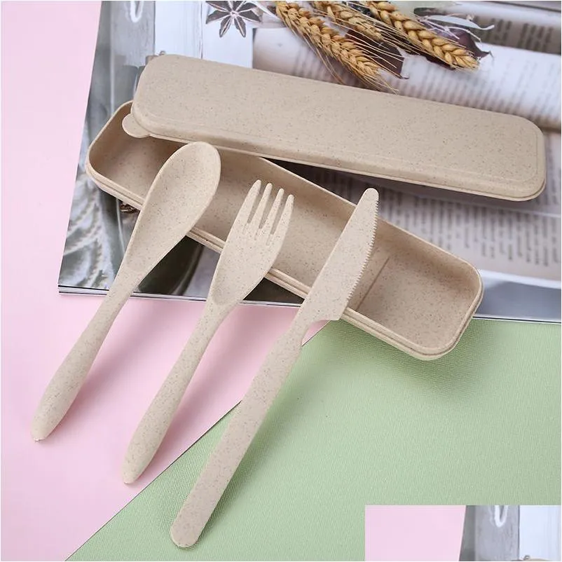 Reusable Travel Utensils Set , 4 Sets Wheat Straw Portable Knife Fork  Spoons Tableware(green, Beige, Pink, Blue)