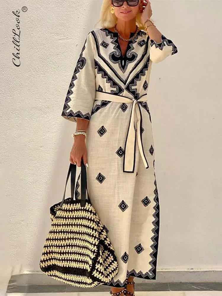 Abiti casual di base Cintura Boho Lino stampato Dres 2023 Autunno Scollo a V Mezza manica Allentato Midi Femminile Vintage Holiday Beach Robe 230915